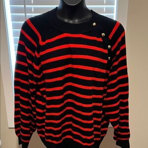 Who What Wear Red and Black Striped Crewneck Sweater